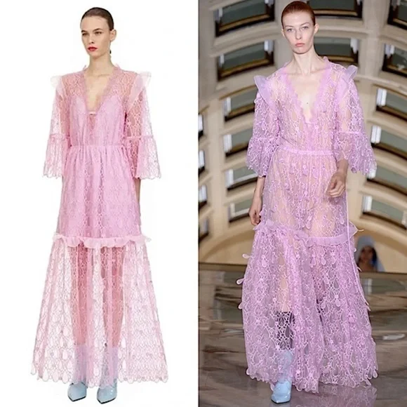 NWT SELF PORTRAIT Lilac Crochet Mesh Lace Tiered Ruffle Fairycore Maxi Dress 6 - Picture 3 of 16